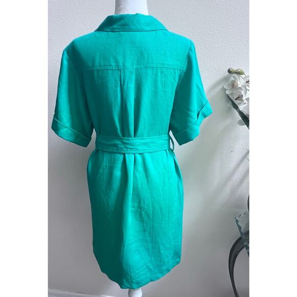 MATTHEW BRUCH Linen Button Front Safari Dress in Kelly Green Belted Women's 4 - Picture 4 of 11